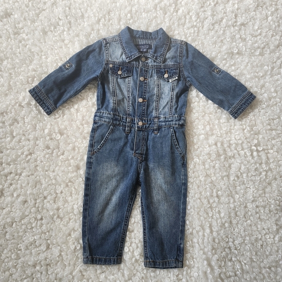 Souris Mini Denim Baby Jumpsuit 6-9M Blue Jean Overalls Romper with Dog Patch - Picture 3 of 12